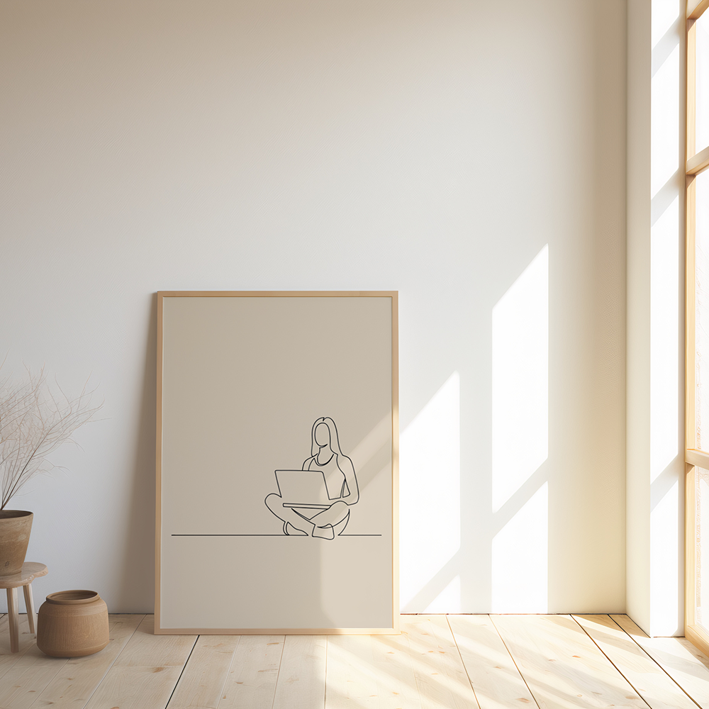 Poster Lijnen - Werkende Vrouw op Laptop