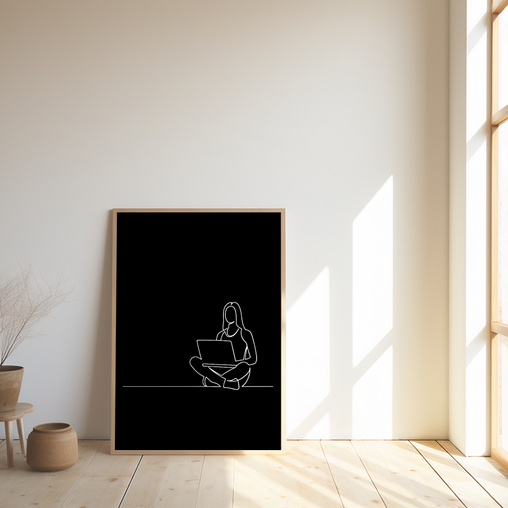 Poster Lijnen - Werkende Vrouw op Laptop