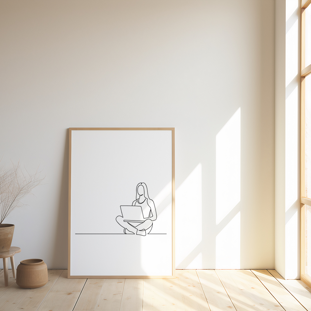 Poster Lijnen - Werkende Vrouw op Laptop