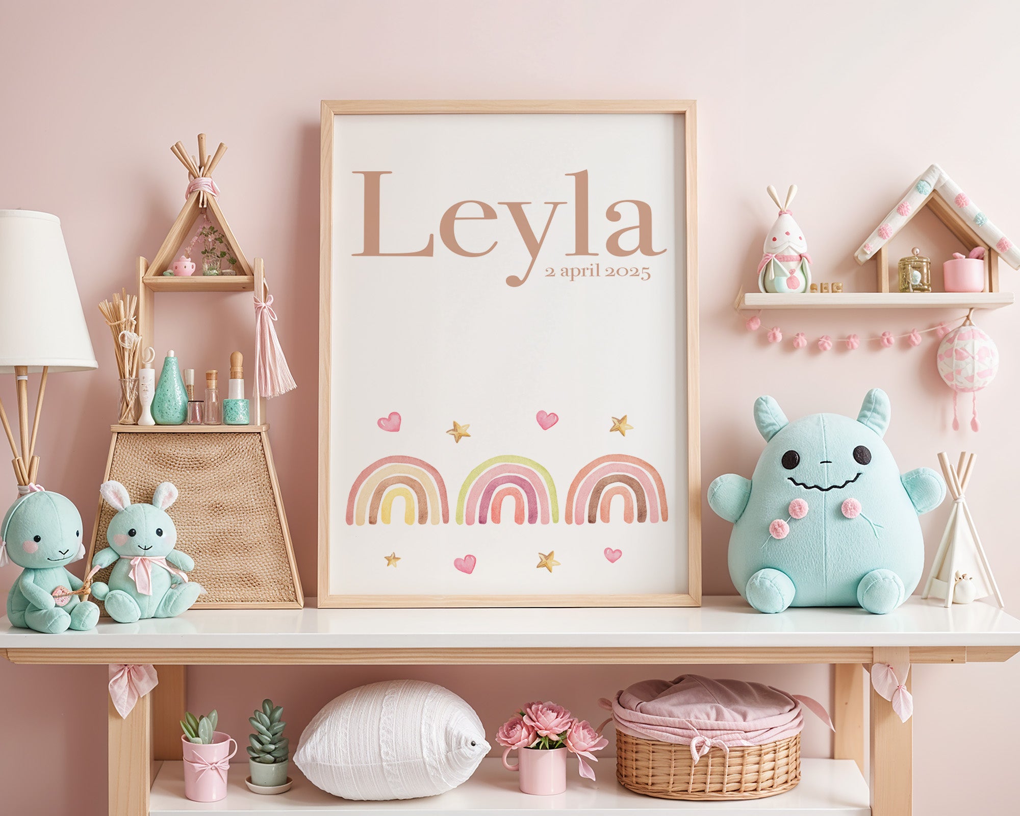 Naam met geboortedatum en regenboog